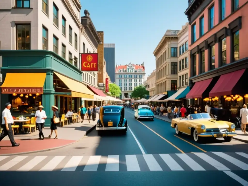 Una bulliciosa calle de la ciudad con arquitectura vintage, peatones, ciclistas y actividad comercial