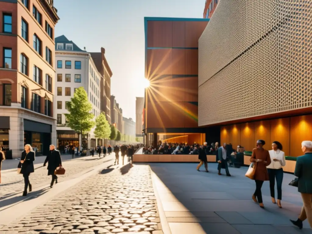 Una bulliciosa calle de la ciudad con arquitectura diversa y un edificio moderno que destaca por su arquitectura acústica inclusiva