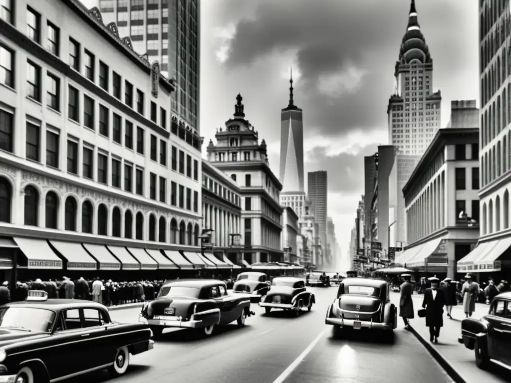 Una bulliciosa calle de la ciudad con rascacielos vintage, capturando la vida cotidiana en rascacielos en blanco y negro