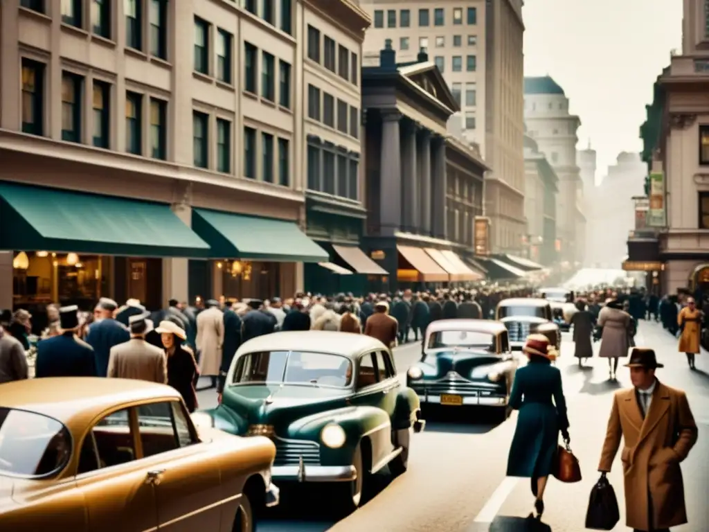 Una fotografía vintage de una bulliciosa calle urbana, con edificios ornamentados y personas elegantes