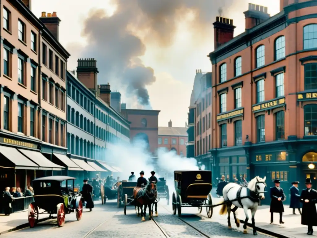 Una fotografía vintage de una bulliciosa calle victoriana en Manchester, con fábricas humeantes y carruajes de caballos