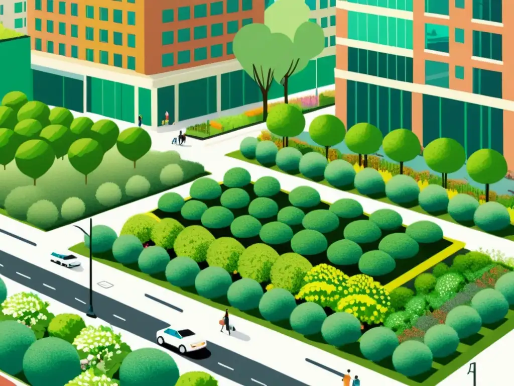 Una ilustración vintage de una bulliciosa ciudad con soluciones naturales para la gestión del agua urbana integradas en su paisaje, mostrando la armonía entre lo urbano y lo natural