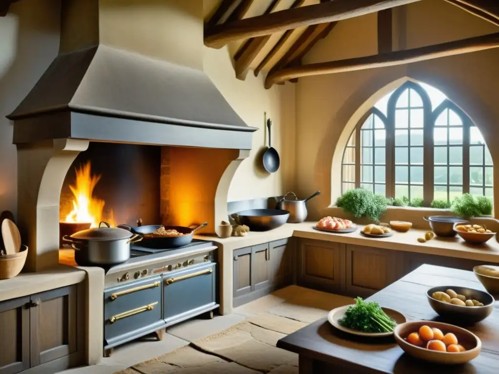 Una bulliciosa cocina medieval con una gran chimenea de leña como punto focal, llena de actividad y calidez