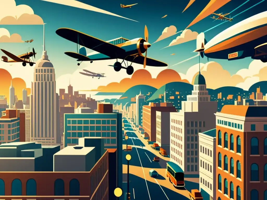 Una ilustración vintage de una bulliciosa metrópolis con edificios art decó, autos antiguos, zeppelines y aviones