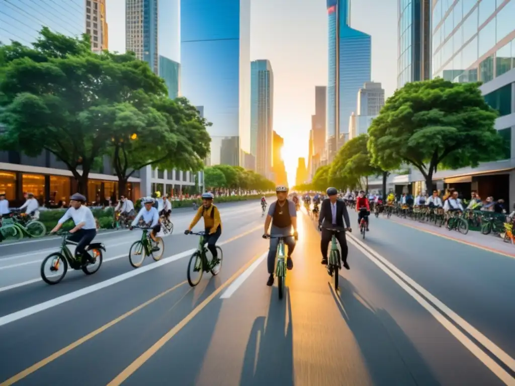 Un bullicioso paisaje urbano con ciclistas en modernas bicicletas, rascacielos y vegetación al fondo