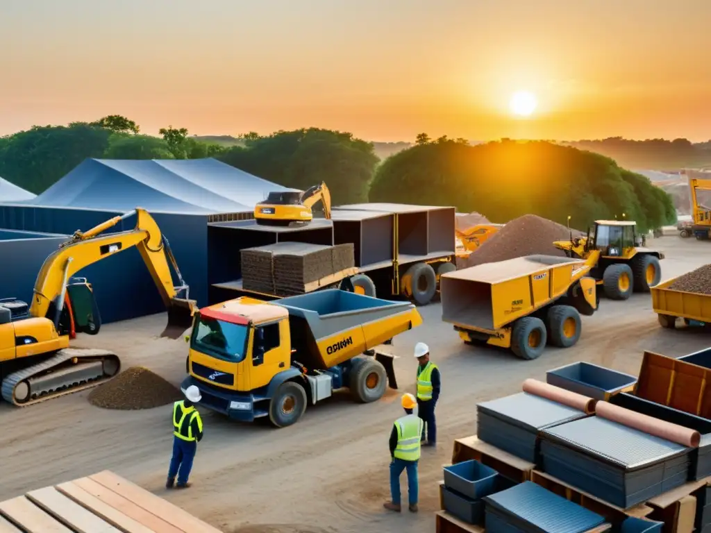 Un bullicioso sitio de construcción vintage con trabajadores reciclando materiales como madera, metal y concreto al atardecer