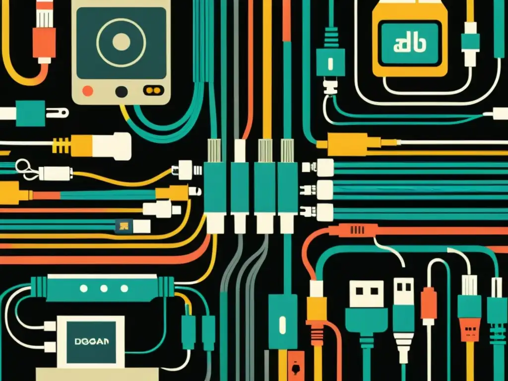 Una ilustración vintage de cables y conectores de computadora con logos de software de diseño, simbolizando la integración de software de diseño