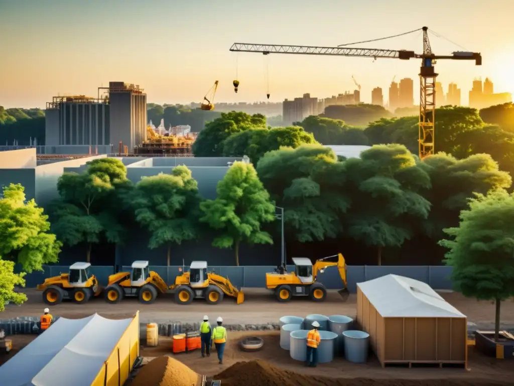 Construcción sostenible al atardecer: BREEAM en acción Un cálido atardecer ilumina un bullicioso sitio de construcción con trabajadores y grúas, mezclando lo moderno con lo histórico