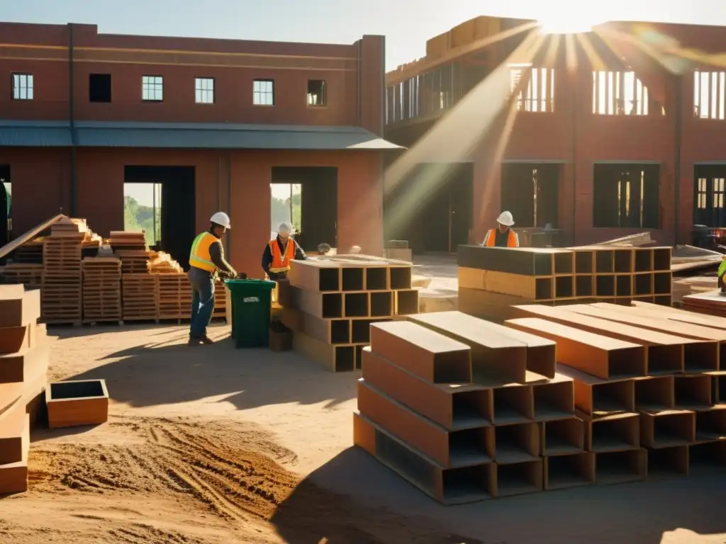 Un cálido día de trabajo en una construcción con reciclaje de materiales