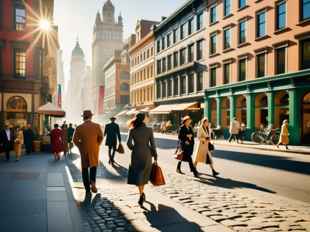 Una calle bulliciosa con arquitectura diversa, desde edificios históricos hasta modernos rascacielos