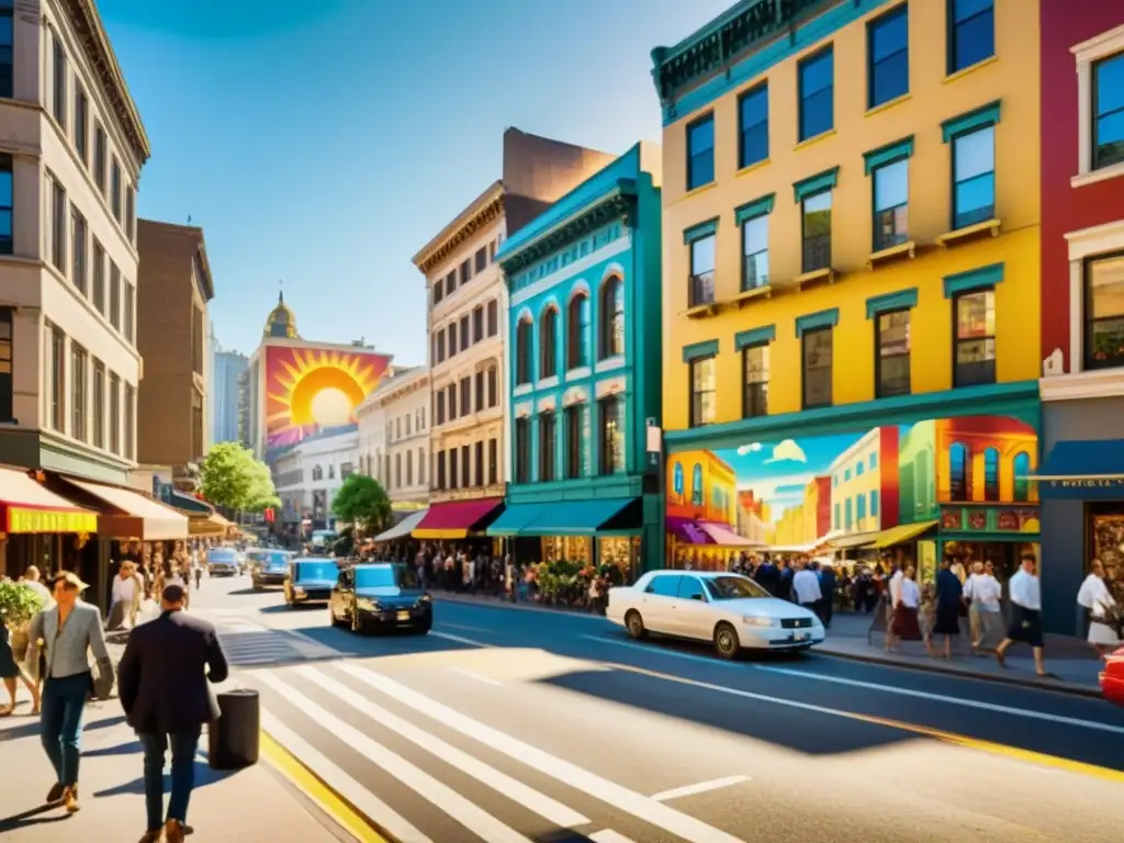 Una calle bulliciosa de la ciudad con arte urbano, la influencia del arte urbano en arquitectura se refleja en los vibrantes murales de la ciudad