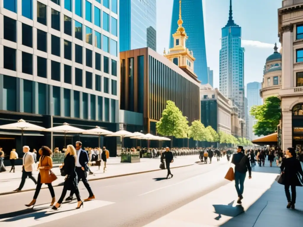 Una calle bulliciosa en la ciudad, con rascacielos modernos y edificios históricos