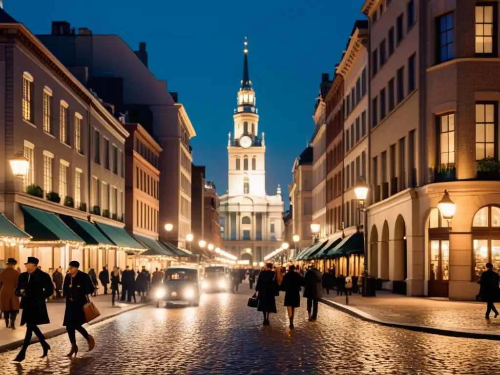 Una calle de la ciudad antigua iluminada por innovaciones en iluminación urbana sostenible, fusionando lo antiguo con lo moderno