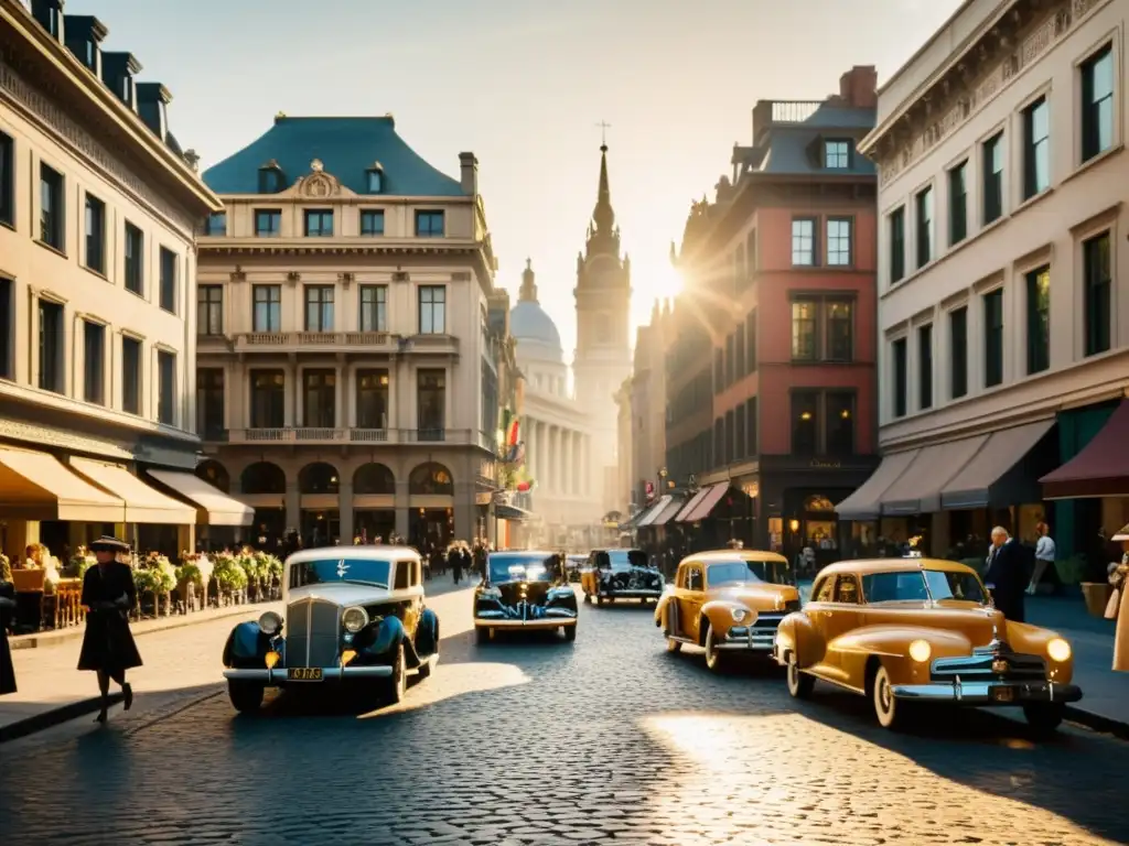 Una calle de la ciudad con arquitectura ornamentada y autos clásicos