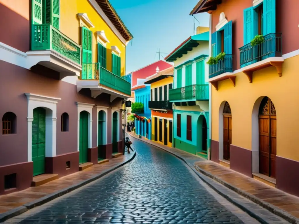 Una calle empedrada bordeada de edificios coloniales coloridos en América Latina, con detalles arquitectónicos elaborados