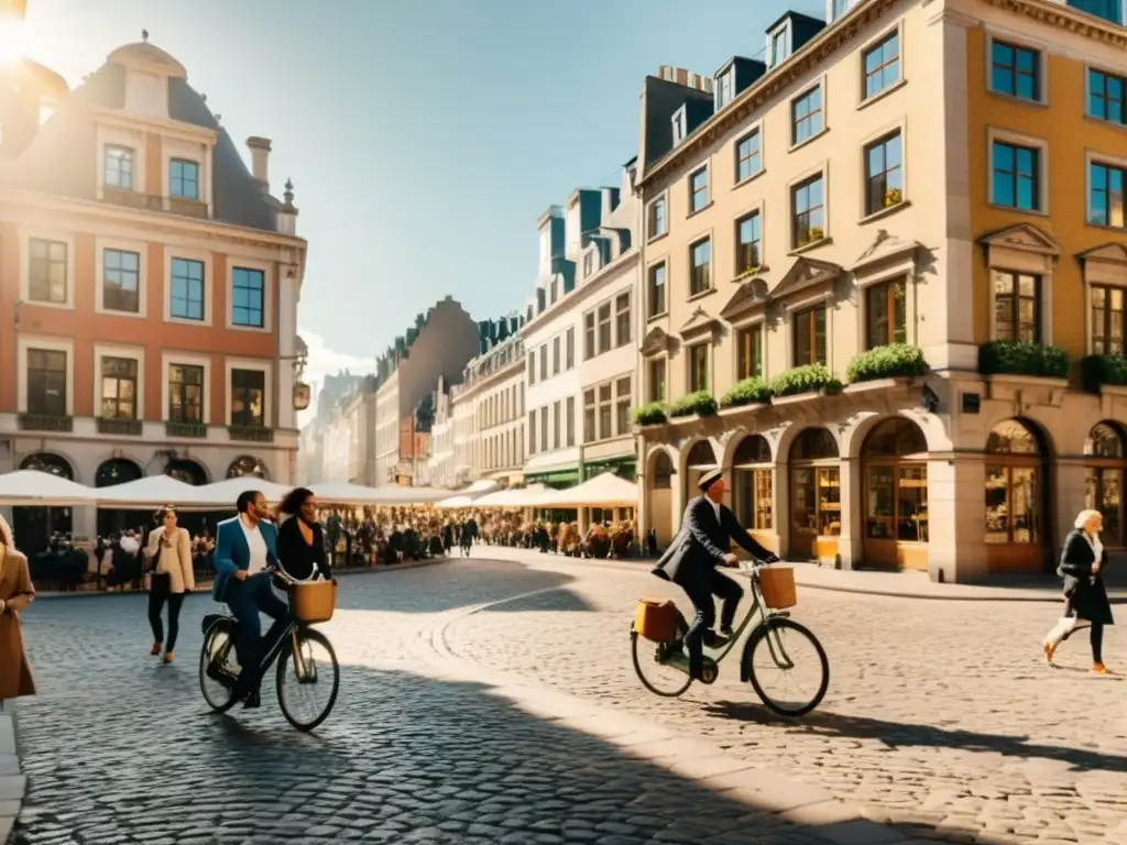 Una calle urbana bulliciosa con arquitectura histórica y moderna