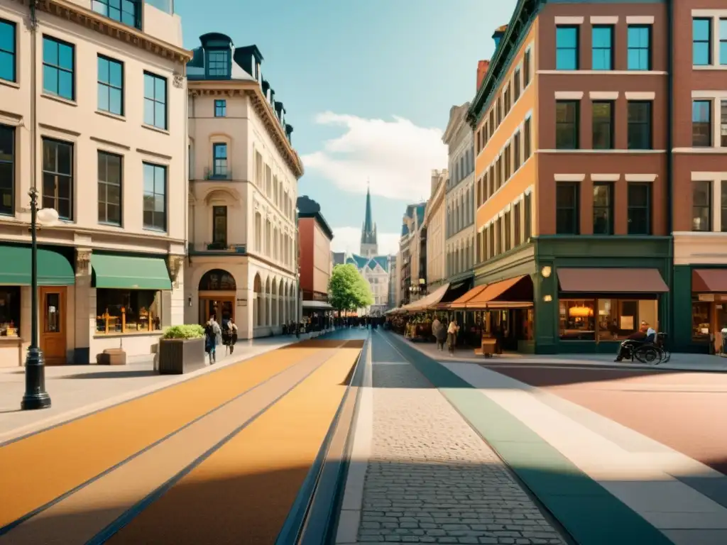 Una calle urbana bulliciosa con arquitectura diversa, integrando viviendas asequibles diseño urbano en un ambiente cálido y nostálgico