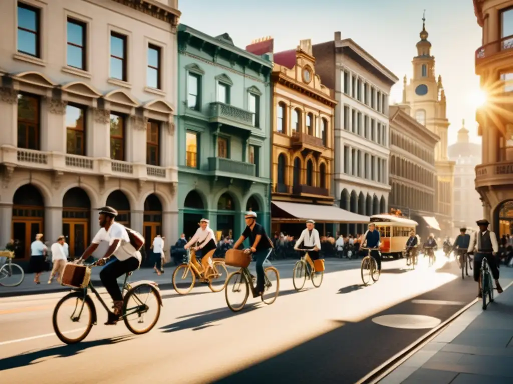 Una calle urbana bulliciosa con arquitectura sostenible y movilidad urbana, capturando la vibrante diversidad de la ciudad