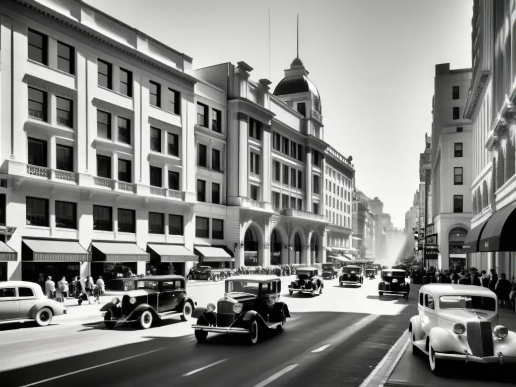 Una calle urbana vintage llena de edificios ornamentados y gente elegante