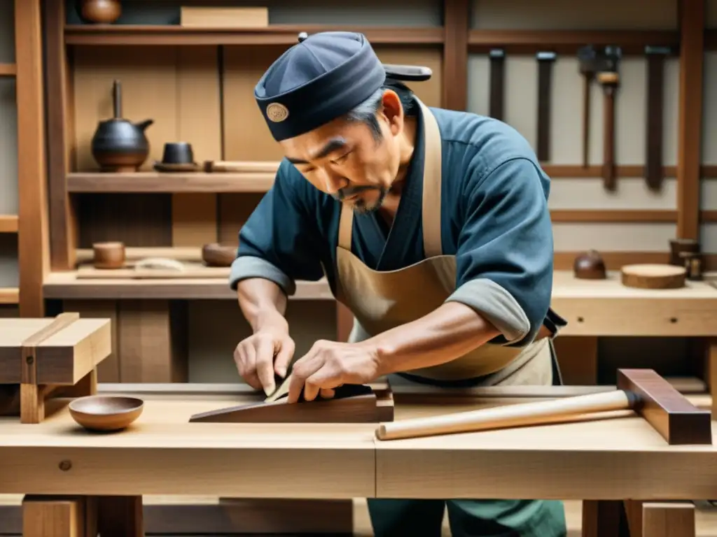 Un carpintero japonés talla y ensambla con precisión piezas de madera, rodeado de herramientas tradicionales en un taller rústico