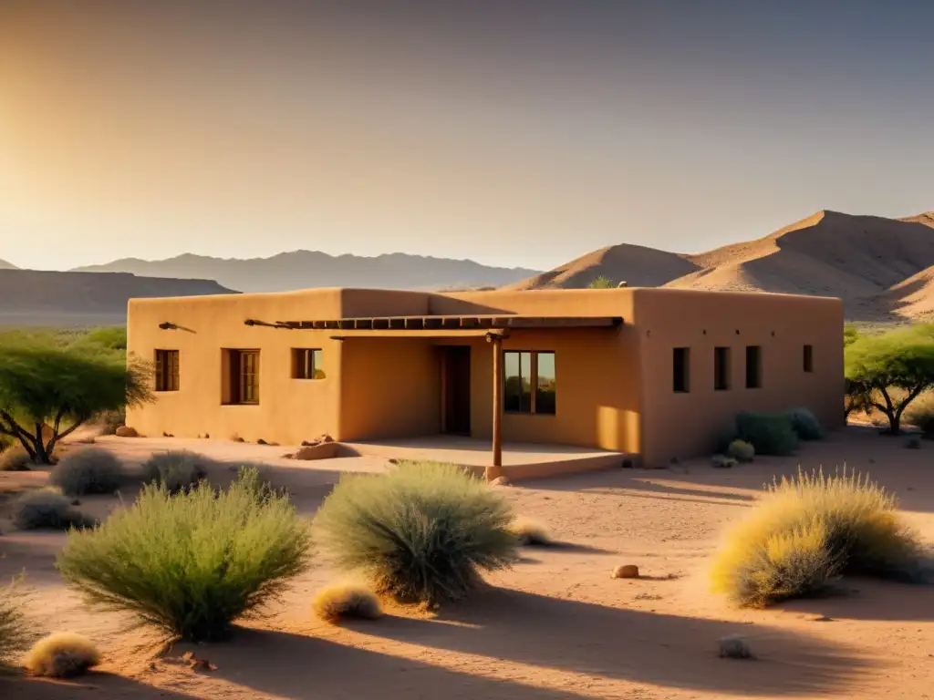 Una casa de adobe en el árido desierto, con arquitectura sostenible en climas áridos, bañada por la cálida luz dorada del sol