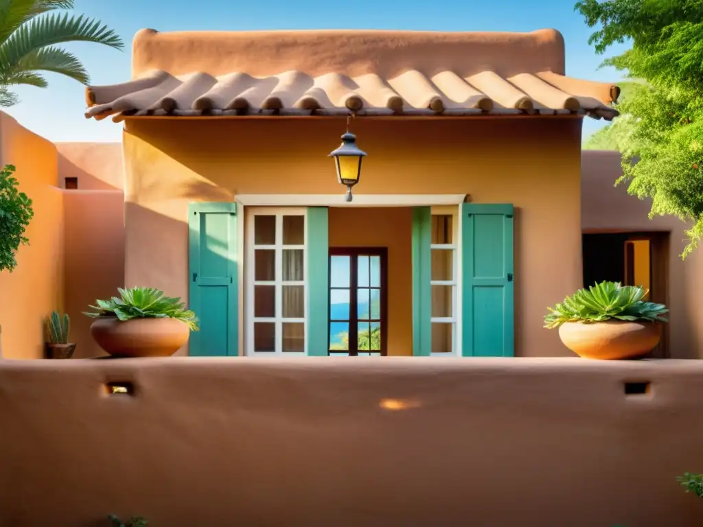 Una casa de adobe con ventilación cruzada rodeada de vegetación exuberante, bañada por cálida luz solar