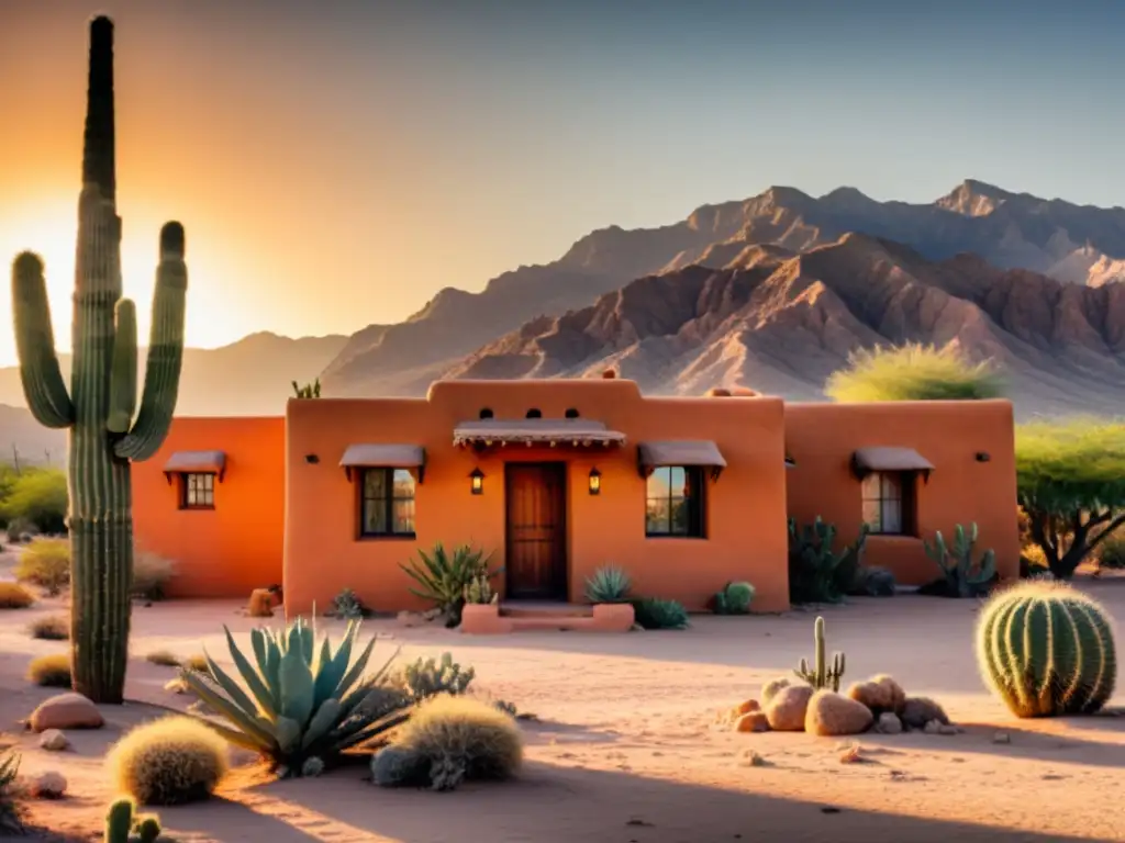 Una casa de adobe en el desierto al atardecer, rodeada de cactus y plantas resistentes a la sequía