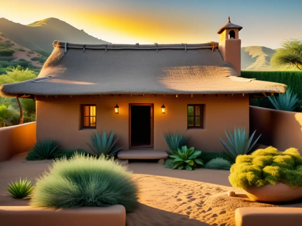 Una casa de adobe en entorno natural, iluminada por el atardecer, ejemplifica la belleza de la bioconstrucción y edificaciones sostenibles