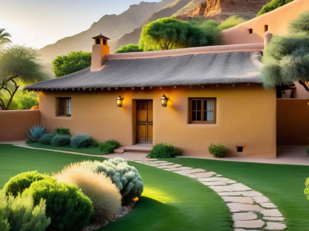 Una casa de adobe en un paisaje exuberante, bañada por la cálida luz del sol