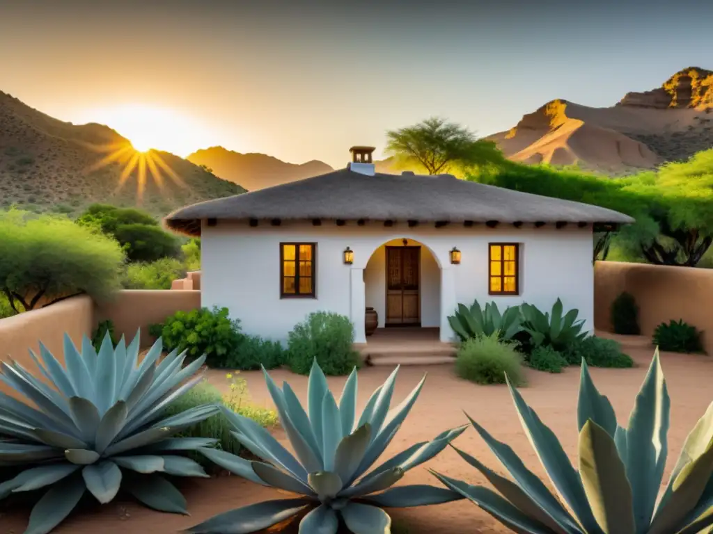 Una casa de adobe rodeada de exuberante vegetación, bañada por la cálida luz del atardecer