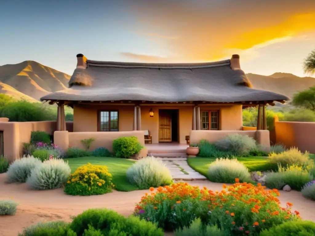 Una casa de adobe con techo de paja en un entorno natural exuberante, evocando la belleza atemporal de las edificaciones sostenibles