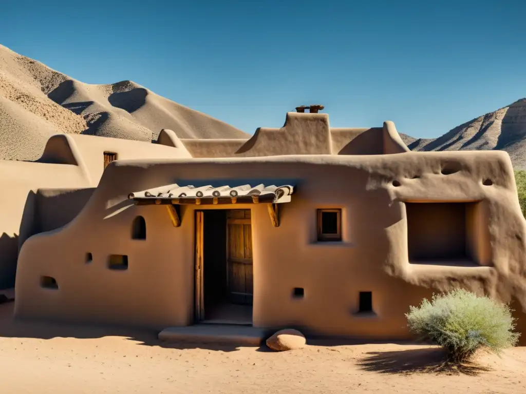 Una casa de adobe tradicional con una gran pared Trombe, muestra detalles de su superficie texturizada y cómo la luz solar crea patrones y sombras