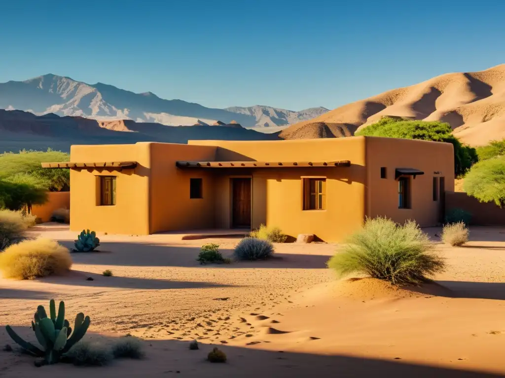 Una casa de adobe tradicional en el paisaje desértico, destacando la arquitectura sostenible en climas áridos con tonos cálidos y naturales