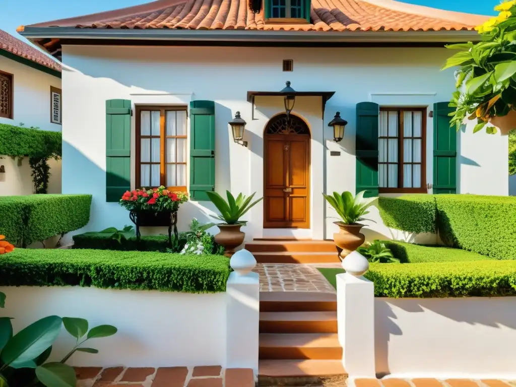 Una casa colonial con encanto y detalles vintage, rodeada de exuberante vegetación y senderos empedrados