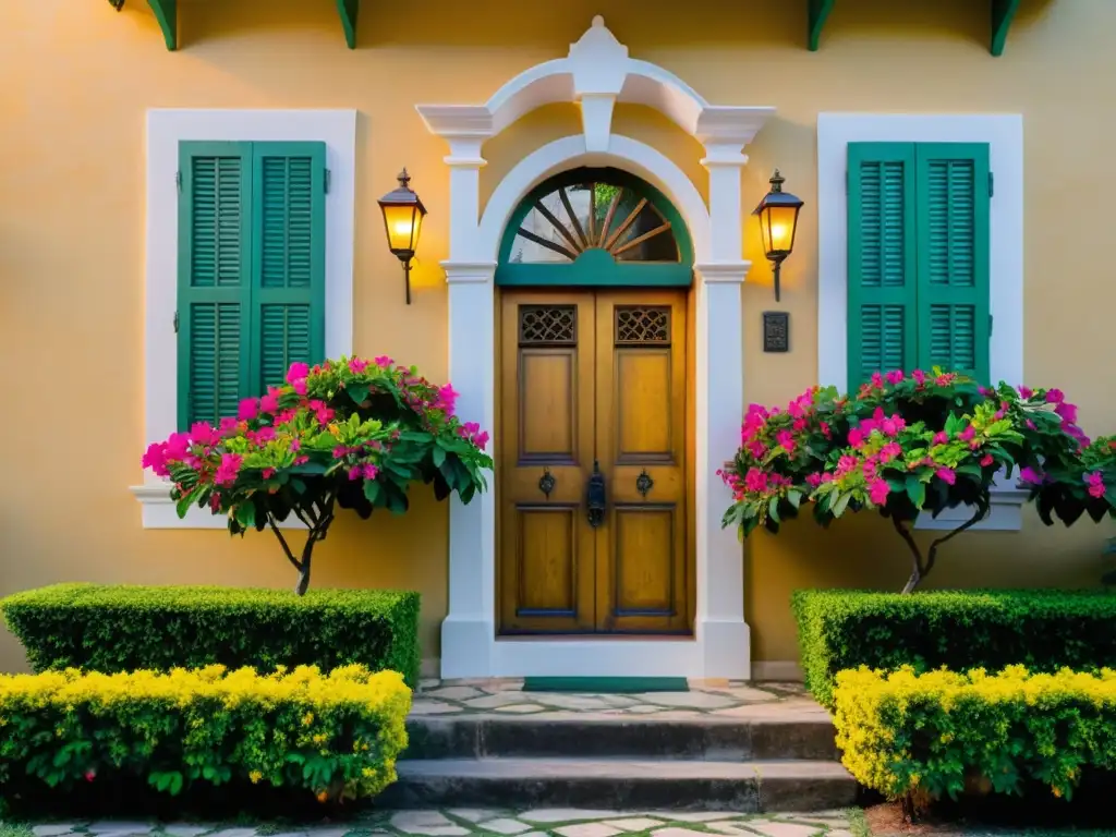 Una casa colonial restaurada con detalles de hierro forjado, buganvilias vibrantes y una puerta de madera