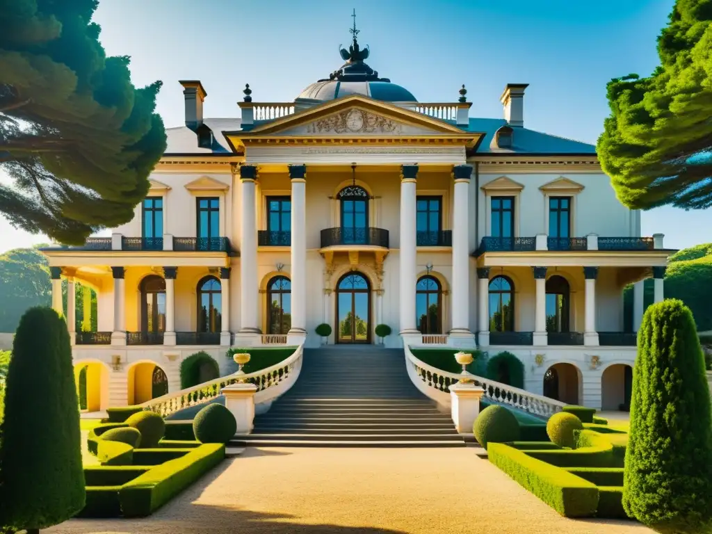 Invertir en casa barroca histórica: Fotografía vintage de una mansión barroca con detalles arquitectónicos ornamentados y exuberantes jardines