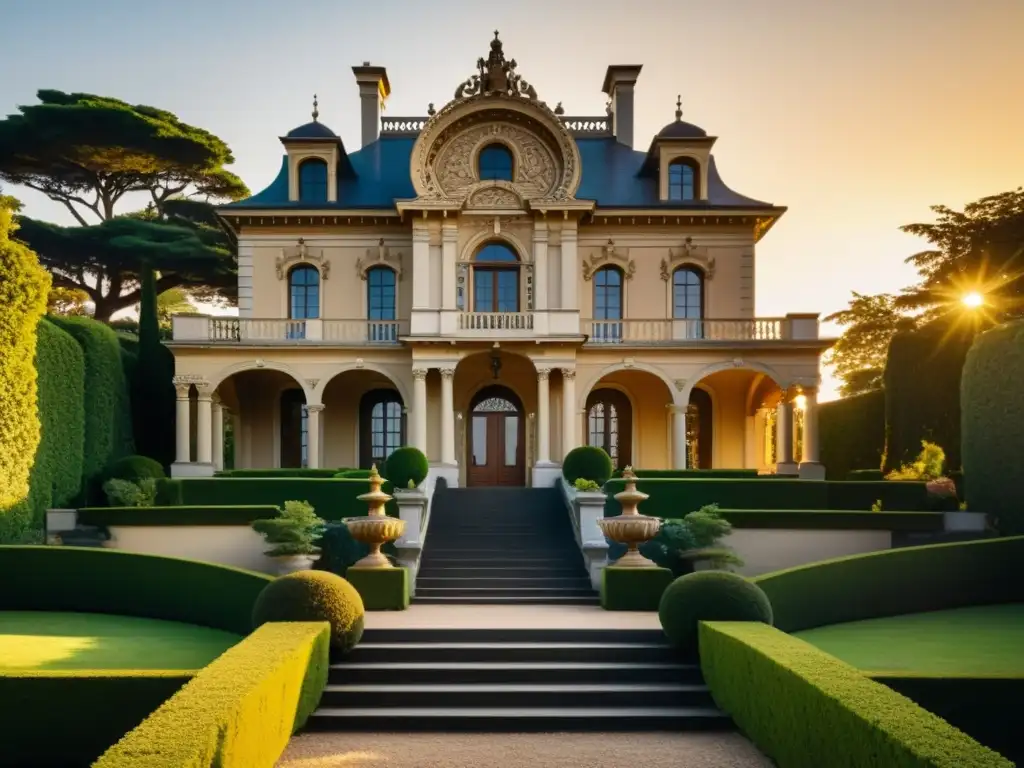 Invertir en casa barroca histórica: Una mansión barroca con detalles ornamentados, jardines exuberantes y una cálida luz dorada al atardecer