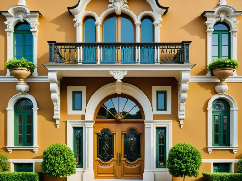 Invertir en casa barroca histórica: Fachada barroca con detalles ornamentales, ventanas arqueadas y tonos cálidos, rodeada de exuberante vegetación