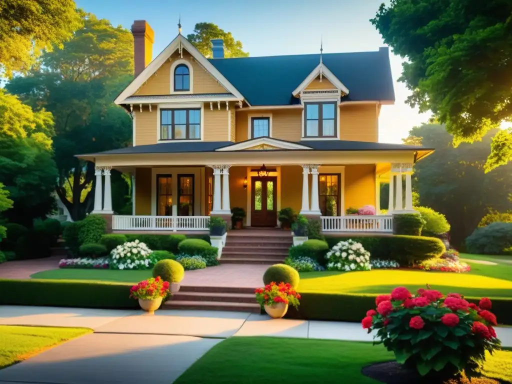 Una casa histórica bellamente restaurada con detalles arquitectónicos, jardín exuberante y porche encantador