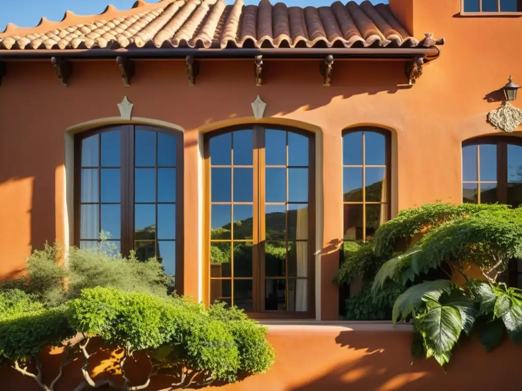 La Casa Granero, arquitectura histórica sostenible, se funde en un paisaje exuberante y sereno, bañada por la cálida luz dorada del sol