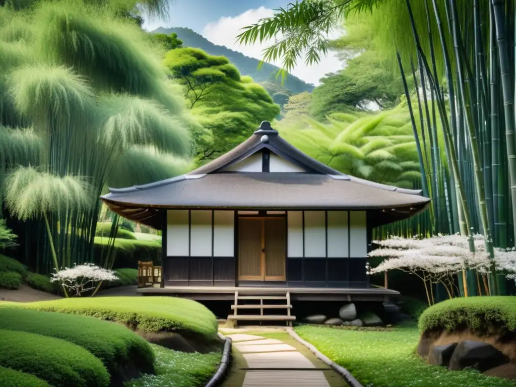 Una casa japonesa de madera tradicional se integra perfectamente en un bosque de bambú, evocando armonía y sostenibilidad