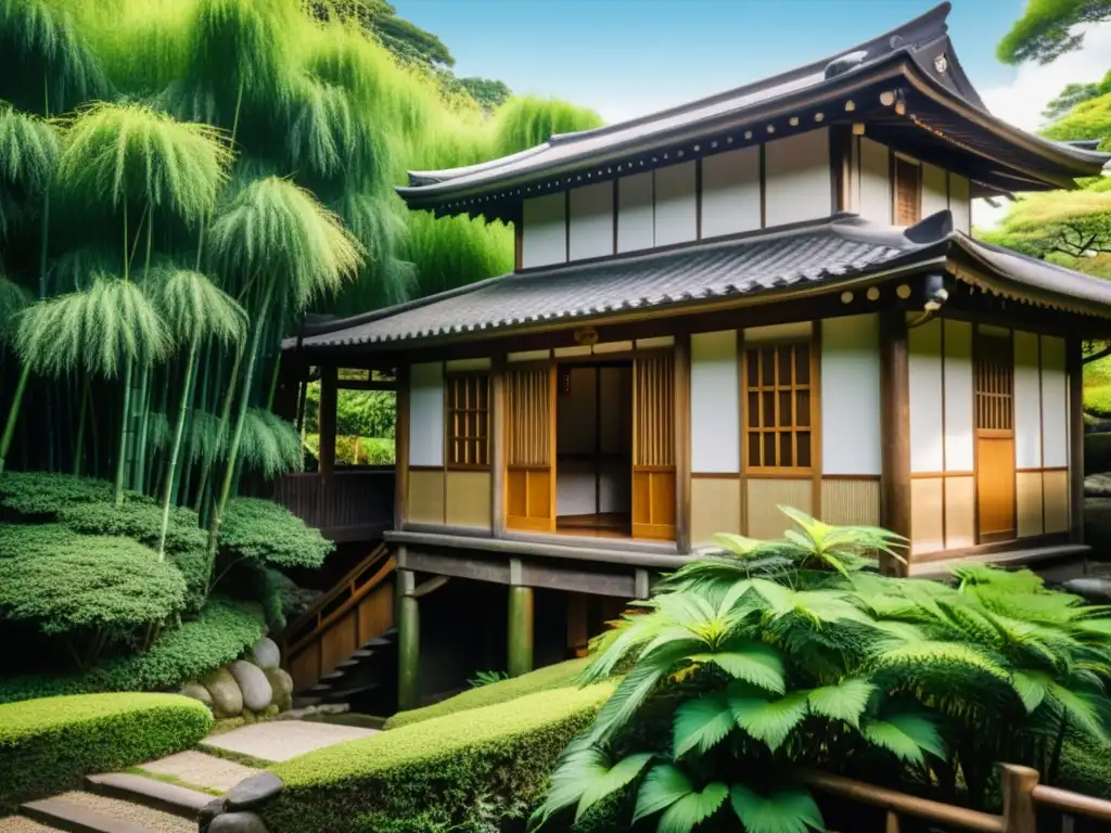 Una casa japonesa tradicional entre bambúes, con detalles de madera y un puente arqueado