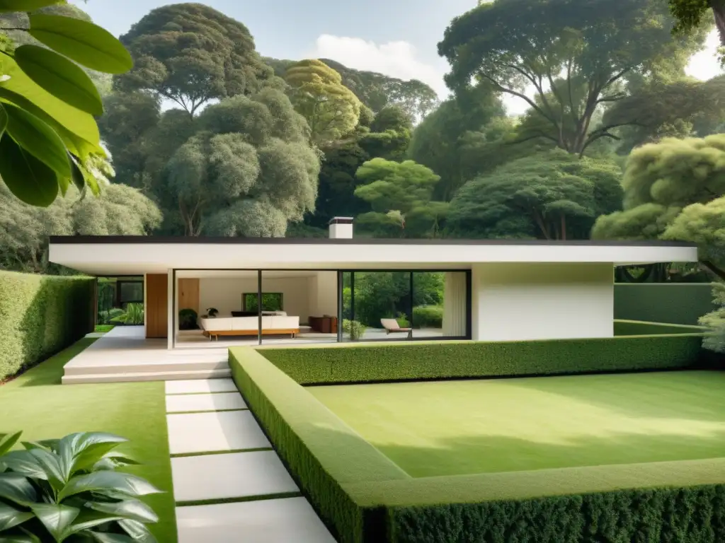 Una casa moderna de mediados de siglo con líneas limpias y grandes ventanales, rodeada de exuberante vegetación