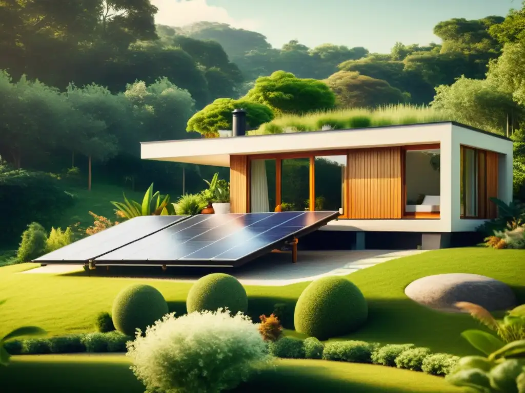 Una casa ecológica con paneles solares rodeada de naturaleza exuberante y diseño sostenible