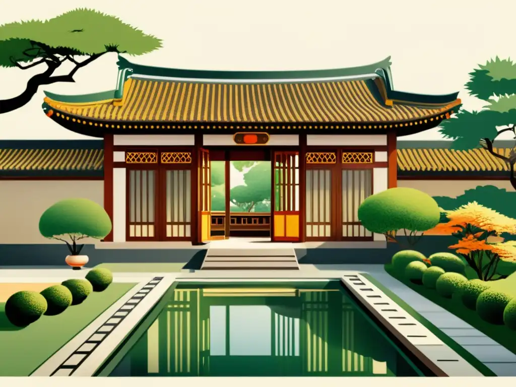 Una ilustración vintage de una casa tradicional china, con detalles en madera, techo de tejas y un jardín tranquilo