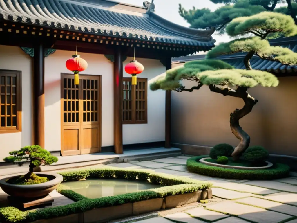 Una casa tradicional china con equilibrio y contraste en arquitectura, detalles ornamentales y jardín sereno con bonsái