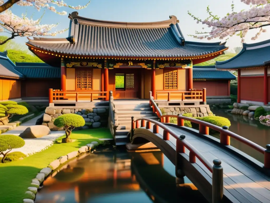 Una casa tradicional Han con detallados grabados de madera, techo ornamental y jardín floreciente con cerezos en flor