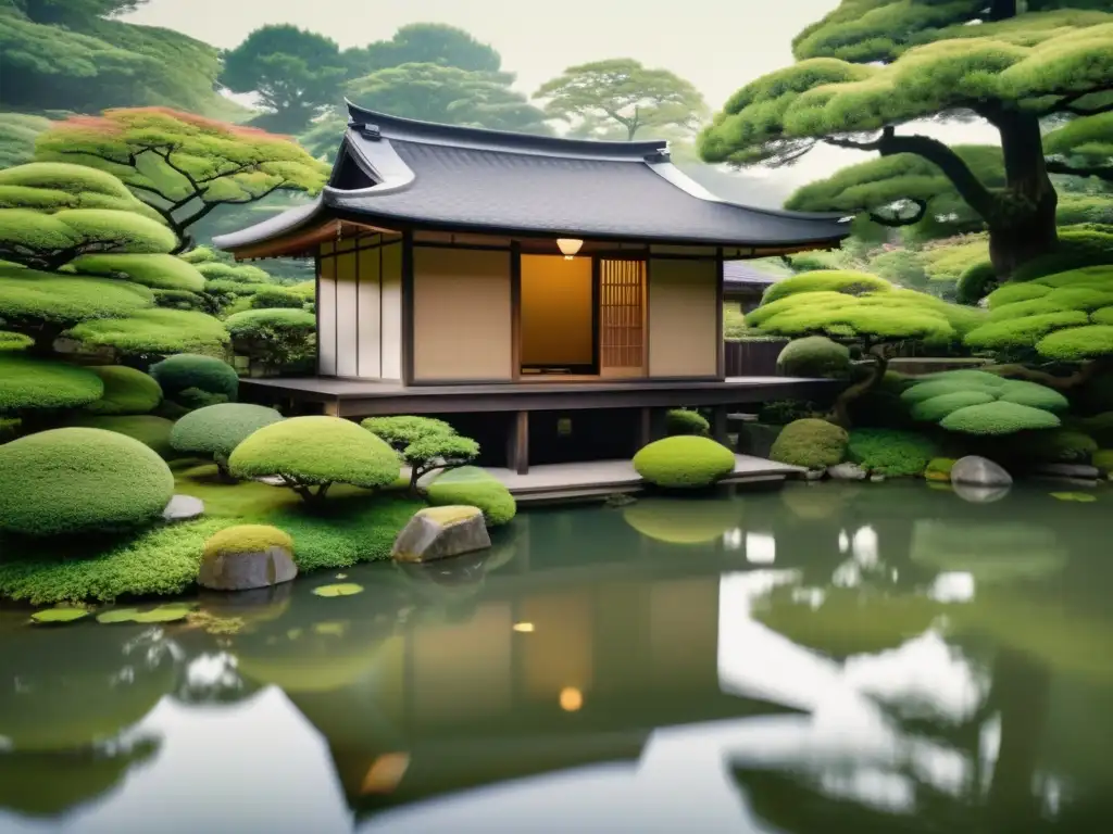 Una casa de té tradicional japonesa en medio de exuberante vegetación, con un estanque sereno reflejando la elegante arquitectura