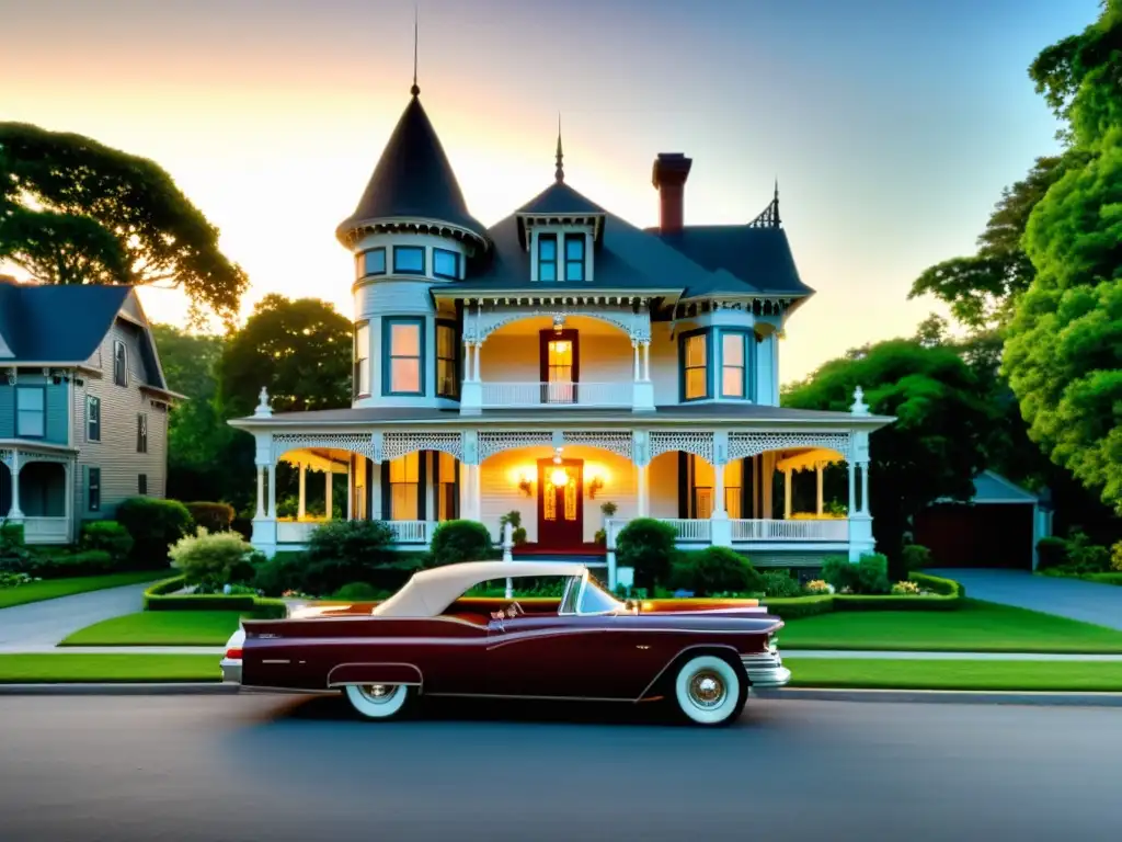 Una casa victoriana restaurada con elegantes detalles y un coche de época, evocando la nostalgia y el encanto de las casas históricas