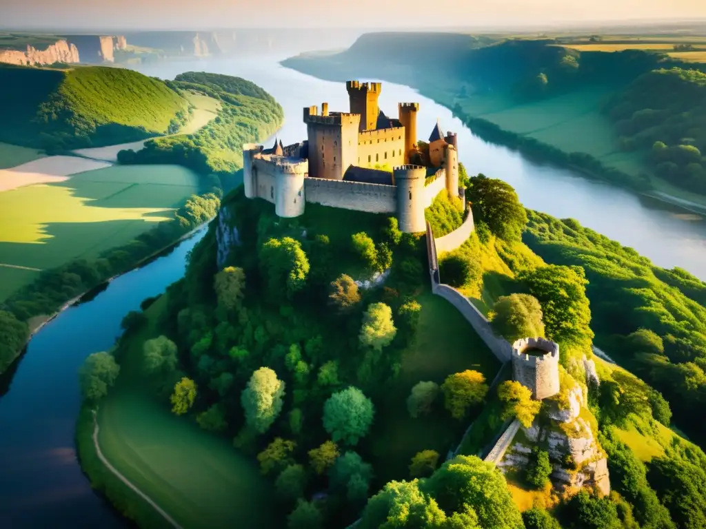 Un castillo antiguo y majestuoso en un acantilado, bañado por la luz dorada del atardecer, rodeado de naturaleza exuberante y un río serpenteante